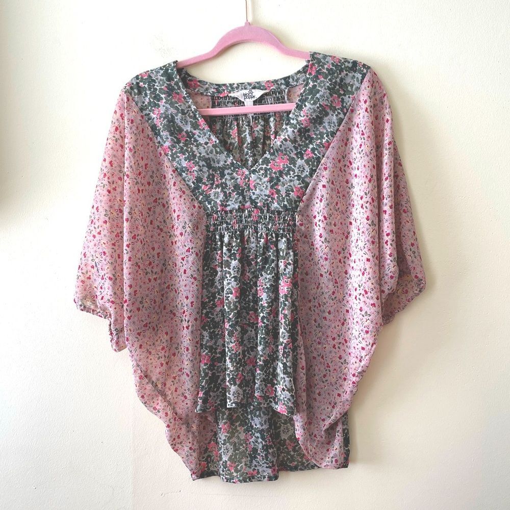 Black Poppy Sz Medium Women’s Pink Green Floral Semi Sheer Short Sleeve Blouse